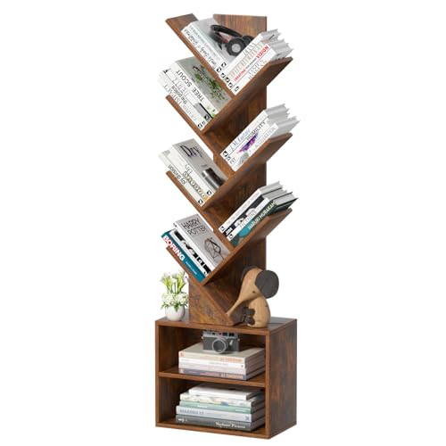 SHEEPAM 10-Tier Tree Bookshelf Floor Standing Narrow Space Storage Bookcase | Wood Tree Book Rack; Tall Storage For Bedroom, Living Room & Home Office; Compact Floor Organizer For Books & Small Decor - color: Retro Brown, size: 10 Tier