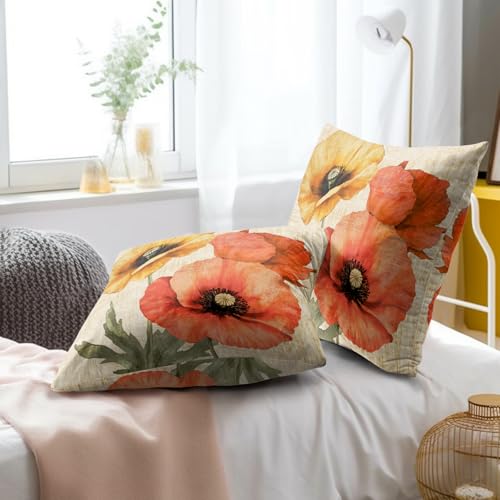 Vintage Poppy Flower Pillow Covers Set of 2, 20"x20" Rustic Spring Summer Yellow Orange Floral Throw Pillowcases, Retro Cotton Cushion Cover for Sofa Couch Indoor Outdoor Decor - color: Vintage Poppy, size: 20" x 20" (Pack of 2)