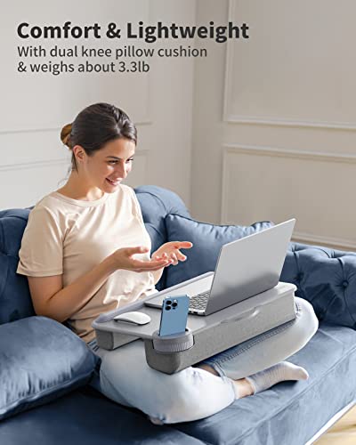 SAIJI Laptop Lap Desk with External Monitor Holder Fits Up to 17" Laptops | Lightweight Lap Tray Table Stand with Soft Leather Wrist Rest, Lap Desk with Cushion for Home Office Working On Couch & Bed - color: Light Gray