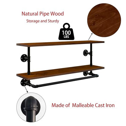 Clothes Rack 36in, Wall Mounted Garment Rack with Real Walnut Wood Shelf, Heavy Duty Hanging Clothes Rack, Multi-Purpose Hanging Rod, Space-Saving Closet Storage - color: Walnut, size: 2T36IN