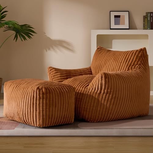 Gericco Oversized Bean Bag Chaise Lounge Chair Indoor for Adults with Armrests & Ottoman - Giant Comfy Orange Beanbag Floor Sofa Cloud Accent Chair for Reading, Gaming, Cozy Plush Cloud Mini Couch - color: Orange, size: XL Sofa Chair + Footstool