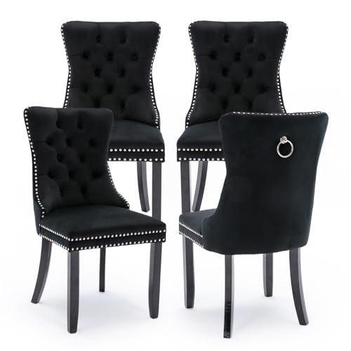 Velvet Upholstered Dining Chairs Set of 4, Modern Style Kitchen Side Chairs with Nailhead Trim and Wood Legs,Metal Pulling Ring for Dining Room Living Room(Black,Set of 4) - color: Black, size: Set of 4