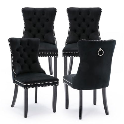 Velvet Upholstered Dining Chairs Set of 4, Modern Style Kitchen Side Chairs with Nailhead Trim and Wood Legs,Metal Pulling Ring for Dining Room Living Room(Black,Set of 4) - color: Black, size: Set of 4