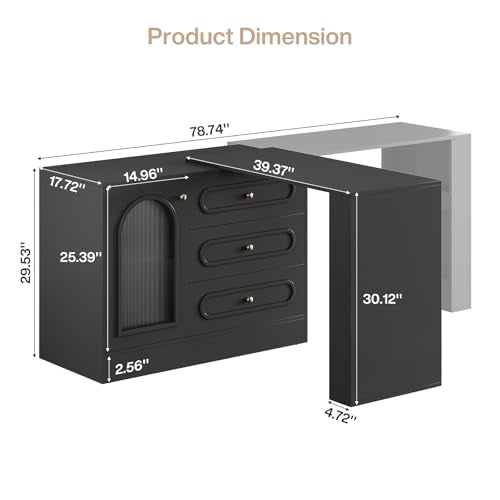 Tribesigns L Shaped Desk with 3 Drawers, Reversible Corner Desk with Storage, 360° Rotatable Study Table with Adjustable Shelves for Home Office, Writing Table Workstation for Bedroom (Black) - color: Black