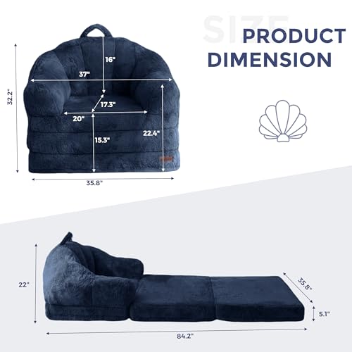 MAXYOYO Folding Sofa Bed, 2 in 1 Convertible Sofa to Lounger | Comfy Single Bean Bag Chair for Adults, Floor Couch with Handle, Faux Fur Couch Bed for Living Room Bedroom, Navy - color: Navy, size: Single