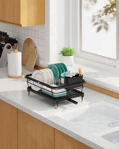 Sakugi Dish Drying Rack in Sink - Expandable Stainless Steel Dish Rack Over The Sink, Kitchen Sink Drain Strainer with Cutlery Holder & Cup Holders, 15.2 x 10.0 x 4.2 Inch, Black - color: Black, size: With Drainboard - 15.2" x 10" x 4.2"