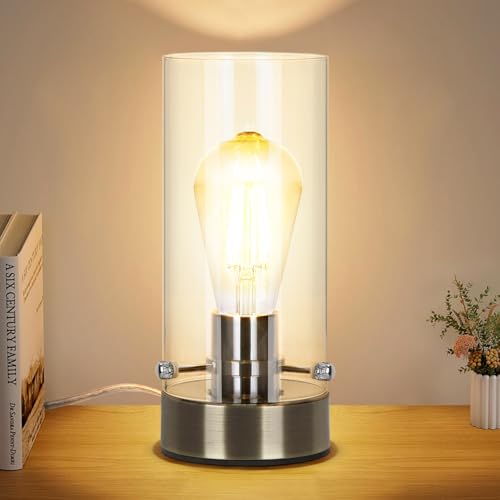 Bedside Nightstand Lamp for Bedroom Living Room, Modern Desk Lamp | Table Lamp with Glass Lamp Shape, 2700K 6W Glass Bulb Included(Bronze). - color: Bronze-Clear
