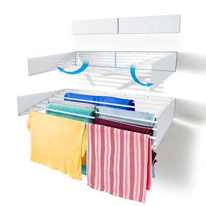Step Up Laundry Drying Rack (Extra Large: 47 Inches, 12 Lbs), Wall Mounted, Retractable Clothes Drying Rack, 70lbs Capacity, 27 Linear Ft, with Wall Template and Long Drill Bit (47" White) - color: White, size: 47" Wide