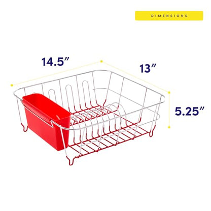 Sweet Home Collection Metal 2 Piece Dish Drying Rack Set Drainer with Utensil Holder Simple Easy to Use Fits in Most Sinks, 14.5" x 13" x 5.25", Red - color: Red