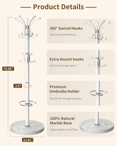 Metal Coat Rack, Modern Coat Rack Stand, 360°Rotary Coat Tree Stand | Heavy Duty Coat Rack Freestanding with Natural Marble Base, White Clothes Tree Hanger Stand with 14 Hooks & Umbrella Holder - color: White-16Hooks