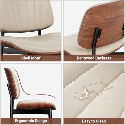 YaFiti Mid Century Dining Chairs Set of 2 with Walnut Bentwood, Greige | Ergonomic Walnut Backrest, Upholstered Waterproof PU Leather Seat, Stable Metal Legs, Adjustable Footpads, Apartment Friendly - color: Greige Scallop