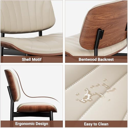 YaFiti Mid Century Dining Chairs Set of 2 with Walnut Bentwood, Greige | Ergonomic Walnut Backrest, Upholstered Waterproof PU Leather Seat, Stable Metal Legs, Adjustable Footpads, Apartment Friendly - color: Greige Scallop