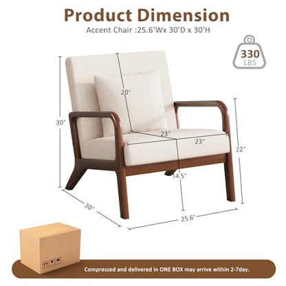 Mid Century Accent Chair with Solid Wood Frame & Linen Fabric, Beige | Upholstered Lumbar Pillow Lounge Chair Linen Fabric Cozy Leisure Chair Walnut Living Room Chair for Bedroom Waiting Room - color: Walnut Wood - Beige Fabric, style: 1 PCS