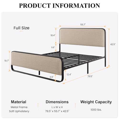SHA CERLIN Full Size Metal Bed Frame with Upholstered Headboard, Cream | Curved Upholstered Headboard and Footboard, Large Under Bed Storage, No Box Spring Needed - color: Beige, size: Full