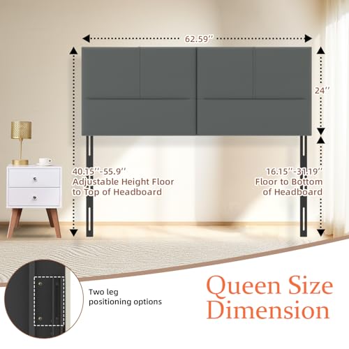 Upholstered Headboard Queen Size, Leather Head Board with Sturdy Metal Legs, Solid Wood Bed Headboard with Height Adjustable, Gray - color: Gray, size: Queen