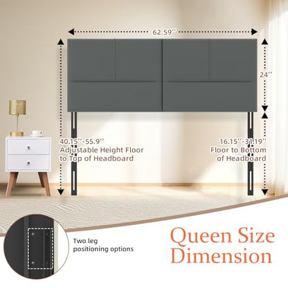 Upholstered Headboard Queen Size, Leather Head Board with Sturdy Metal Legs, Solid Wood Bed Headboard with Height Adjustable, Gray - color: Gray, size: Queen
