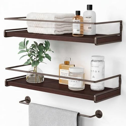 Forbena Dark Brown Kitchen Shelves Wall Mounted Set of 2, Walnut Brown Floating Kitchen Wall Shelves with Rail, Hanging Shelves for Kitchen Wall Coffee Bar (Wooden Pine Wood) - color: 8. Dark Brown