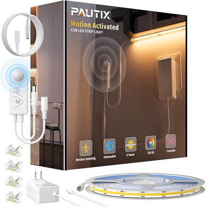 PAUTIX COB LED Strip Lights 2700K Warm White,Motion Sensor LED Lights,Dimmable 24V Motion Activated LED Strip Light,20ft Super Bright with Dual Lighting Mode,for Under Cabinet,Kitchen,Stairs,Bedroom - size: 20 Ft