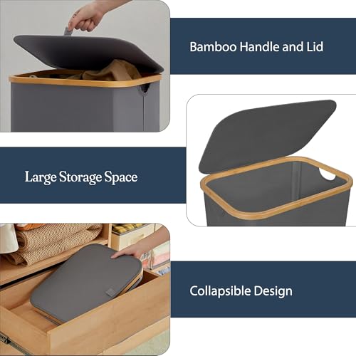 Fine Living Co.100L Large Laundry Hamper with Lid Dirty Clothes Hamper Gray | Narrow Foldable Slim Laundry Basket with Bamboo Handles, Tall Skinny Hamper for Dorm, Bathroom & Bedroom - color: Solid Gray