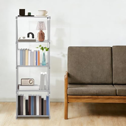 4-Tier Small Narrow Bookcase,Skinny Bookshelf for Small Space,Stable Floor Standing Shelf Storage Organizer, 15.74x11.02x49.21 Inch,Each Layer Holds 17.6 lbs,Grey,Waterproof Non-Woven