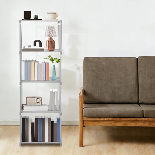 4-Tier Small Narrow Bookcase,Skinny Bookshelf for Small Space,Stable Floor Standing Shelf Storage Organizer, 15.74x11.02x49.21 Inch,Each Layer Holds 17.6 lbs,Grey,Waterproof Non-Woven