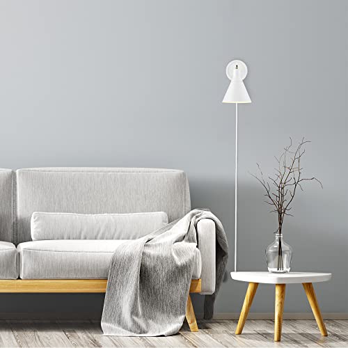 Globe Electric 65542 1-Light Plug-in or Hardwire Wall Sconce, Matte White, Brass Accent, Stepless Dimming Rotary Switch, Fabric Cord, Modern Lighting for Apartment or Renters, Home Decor