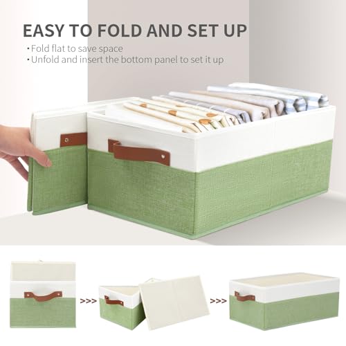 3 Pack Large Capacity Storage Bins Closet Organizer for Shelves | Fabric Closet Storage Baskets Boxes with Leather Handles for Organizing Clothes, Sheets, Jeans, Toys, Books (Green) - style: 3 Pack Green & White