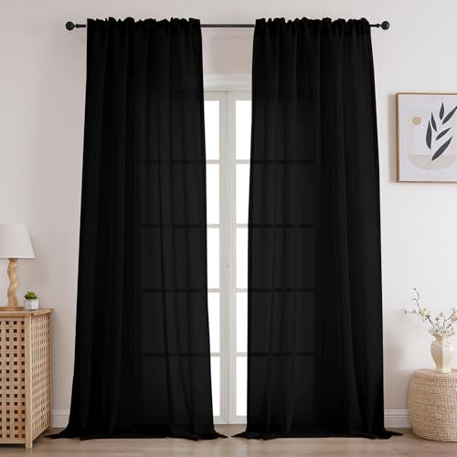CUCRAF Sheer Curtains Panels for Living Room Bedroom Semi Window Treatment Drapes Voile Rod Pocket Curtain,Set of 2 (54 x 45 inches Long,Black) - color: Black, size: 54"W x 45"L (Pack of 2)