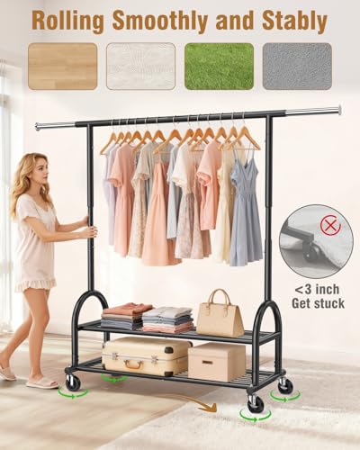 Heavy Duty Clothes Rack for Hanging Clothes Load 556 LBS, Height Adjustable Rolling Clothing Racks, Portable Metal Coat Rack Garment Wardrobe with Wheels and Shelves for Bedroom Laundry, Black - color: Black, style: 2 Shelves