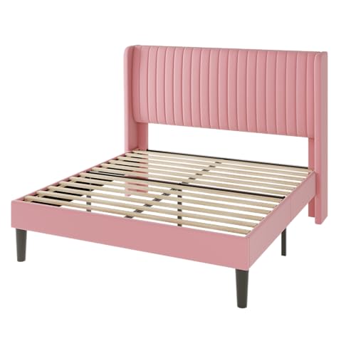 Allewie Queen Size Velvet Bed Frame/Vertical Channel Tufted Wingback Headboard/Upholstered Platform Bed/Strong Wooden Slats/No Box Spring Needed/Easy Assembly/Pink - color: Pink, size: Queen