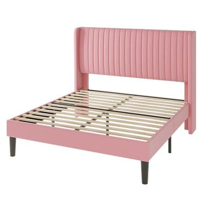 Allewie Queen Size Velvet Bed Frame/Vertical Channel Tufted Wingback Headboard/Upholstered Platform Bed/Strong Wooden Slats/No Box Spring Needed/Easy Assembly/Pink - color: Pink, size: Queen