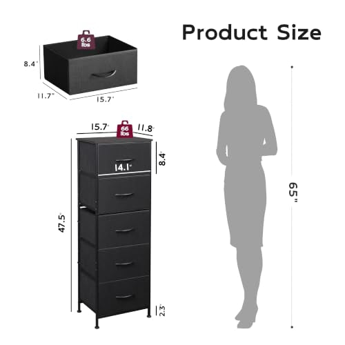 WLIVE Tall Dresser for Bedroom, 5 Drawer Dresser, Charcoal Black | 5 vertical fabric drawers, Tall vertical design, Bedroom or closet use, Dresser for small spaces, Chest of drawers - color: Charcoal Black
