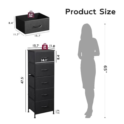 WLIVE Tall Dresser for Bedroom, 5 Drawer Dresser, Charcoal Black | 5 vertical fabric drawers, Tall vertical design, Bedroom or closet use, Dresser for small spaces, Chest of drawers - color: Charcoal Black