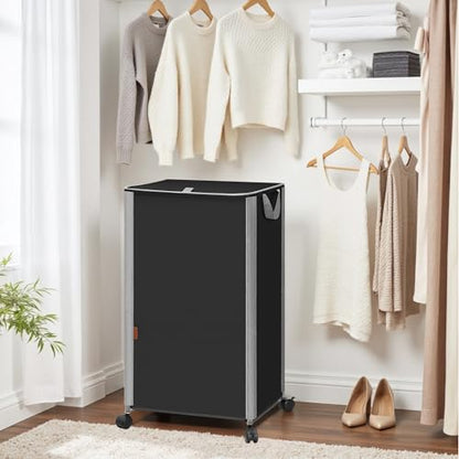 STORAGE MANIAC Rolling Laundry Hamper with Lid, 23.7 Gal (90 L) Large Tall Laundry Basket with Wheels & Handles, Aesthetic Dirty Clothes Hamper for Small Space, Dorm, Apartment, College, Black - color: Black