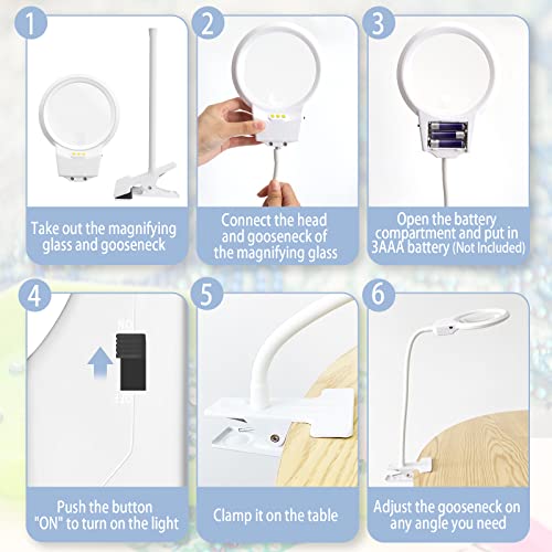 LED Magnifying Lamp for Diamond Painting Tools, 4X & 6X Magnifier LED Light with Clip and Flexible Neck for 5D Diamond Painting and Cross Stitch Tool Accessory Magnifier Lamp, White… - color: White
