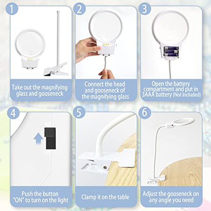 LED Magnifying Lamp for Diamond Painting Tools, 4X & 6X Magnifier LED Light with Clip and Flexible Neck for 5D Diamond Painting and Cross Stitch Tool Accessory Magnifier Lamp, White… - color: White