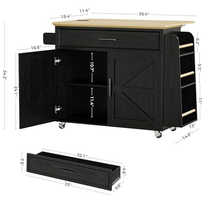 IRONCK Kitchen Island with Drop Leaf, 35.4" W Rolling Kitchen Table, Black | Rolling Kitchen Cart with Storage Cabinets, Drop Leaf, Built-in Power Outlet & Lockable Wheels for Kitchen Organization - size: 35.4-Inch