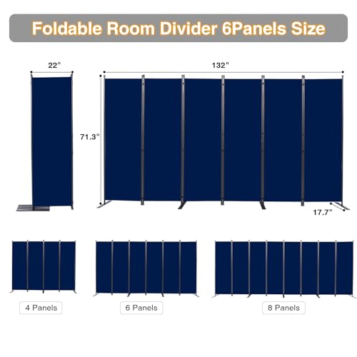 Room Divider, 6 Panel Folding Privacy Screens with Wider Feet, Navy Blue | 132" W X 71" H Room Divider Panel, Stable Frame Structure, Flexible Space Separator, Portable wall divider for Room Partition - color: Navy Blue, size: 22"- 6 Panel