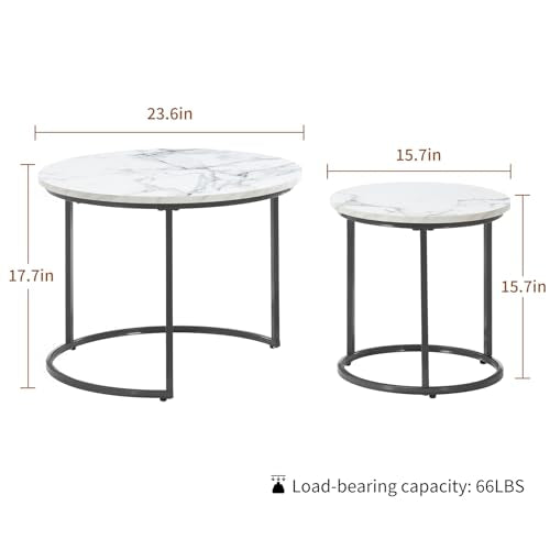 Round Nesting Coffee Table Set of 2, Stacking Minimalist End Table | Modern Marble Pattern Wooden Nesting Tables for Living Room Bedroom Small Space, White Top and Black Leg - color: White & Black