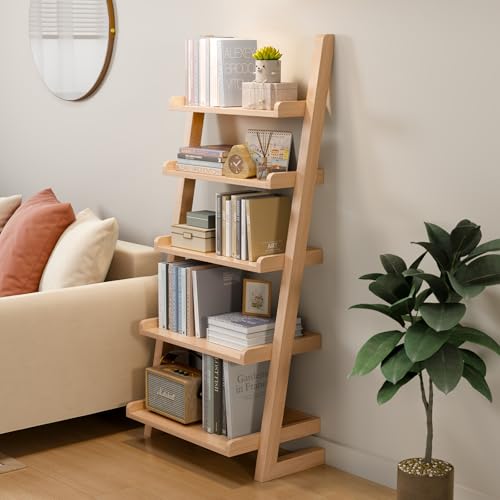 AQIMUELE Wooden Ladder Shelf with Edges, 5-Tier Modern Leaning Bookshelf Ladder – Stylish Space-Saving Bookcase for Living Room, Bedroom & Home Office - color: Natural