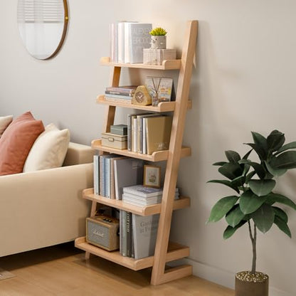 AQIMUELE Wooden Ladder Shelf with Edges, 5-Tier Modern Leaning Bookshelf Ladder – Stylish Space-Saving Bookcase for Living Room, Bedroom & Home Office - color: Natural