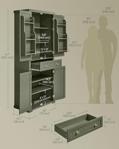 VASAGLE Pantry Cabinet, Freestanding Tall Cupboard with a Drawer | Freestanding cupboard with 2 cabinets, 6 adjustable shelves, Forest Green, UBBK561C01 - color: Forest Green, style: Modern