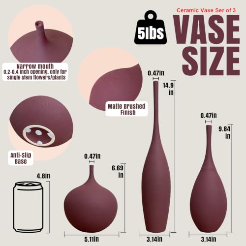 Ceramic Vases Set of 3, Modern Boho Vases for Centerpiece Decor, Matte Burgundy Minimalist Decorative Vases for Home Decor, Living Room, Bookshelf, and Entryway Table Decor - color: Burgundy