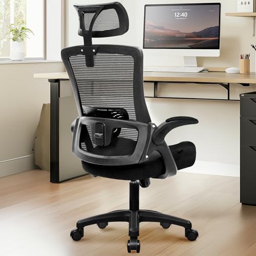 NEO CHAIR Office Desk Chair with Ergonomic High Back Mesh Headrest, Black | Adjustable Headrest and Lumbar Support with Flip-Up Armrests Designed for Extended Sitting Comfort While Saving Space - color: Black