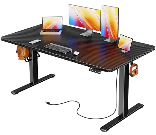 Huuger 전원 콘센트 및 USB-C 포트가 있는 전기 스탠딩 데스크, 139.9 x 61cm(55 x 24인치) 높이 조절 가능한 책상, 홈 오피스, 컴퓨터 및 게이밍 책상용 앉은 스탠드 데스크, 4개의 프리셋, 카본 블랙 - color: 카본 블랙., size: 55.1 x 23.6 inch