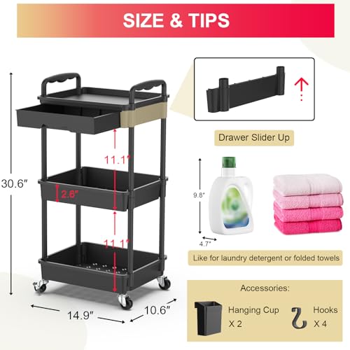 Goovilla 3 Tier Rolling Utility Cart Organizer with Removable Drawer, Black | Stable and Sturdy Rolling Storage Carts with 2 Lockable Wheels for Bathroom, Kitchen, Snack, Craft, Makeup, Baby Essentials - size: 3 Tier, style: Black
