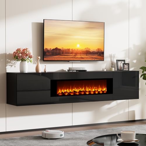 70'' Floating TV Stand with Fireplace, Wall Mounted Fireplace Entertainment Center with Storage for TVs Up to 80", High Gloss TV Cabinet for Living Room, No Heat Log Fireplace, Black - color: Black, size: 70" w/14"H