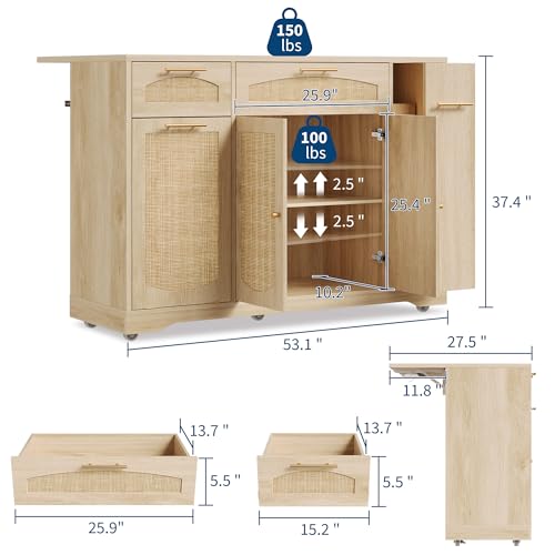 Garvee Rolling Kitchen Island Table on Wheels with Drop Leaf, Tilt Out Trash Can Cabinet, Storage Cabinet, Drawer, Spice Rack, Kitchen Cart, 53.1" Wide, Natural - color: Natural