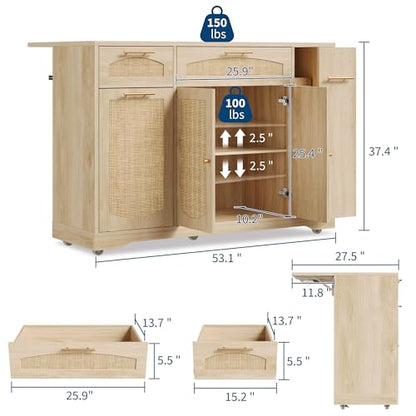Garvee Rolling Kitchen Island Table on Wheels with Drop Leaf, Tilt Out Trash Can Cabinet, Storage Cabinet, Drawer, Spice Rack, Kitchen Cart, 53.1" Wide, Natural - color: Natural