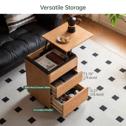 100% Solid Wood Swivel Lift Top Nightstand with Wheels, Rolling Side Table with 3 Drawers, No Assembly Mobile End Table Small Spaces, for Bedroom, Living Room - color: Natural, size: 1 pc(15.75"D x 17.72"W x 23.62"H)